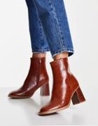 Asos Design Revival Round Toe Block Heel Boots In Tan-brown