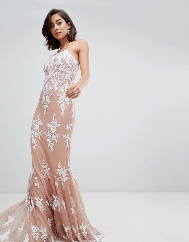 City Goddess Strapless Sequin Embroidered Maxi Dress - Tan