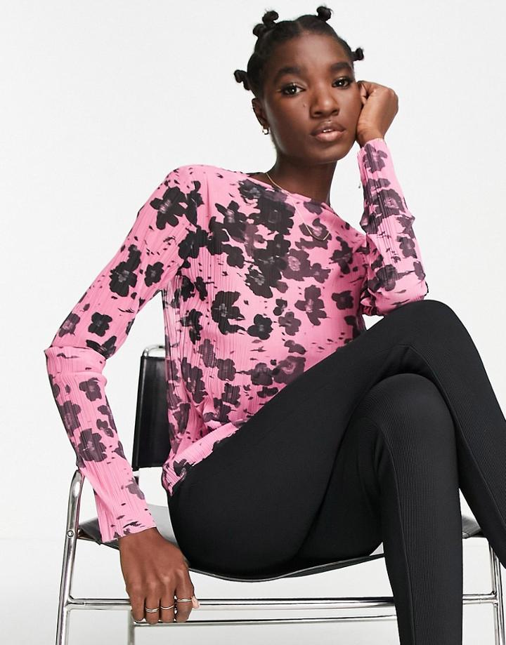 & Other Stories Polyester Long Sleeve Mesh Top In Pink Floral Print - Pink