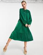 Pieces Satin Tiered Midi Dress In Bright Green