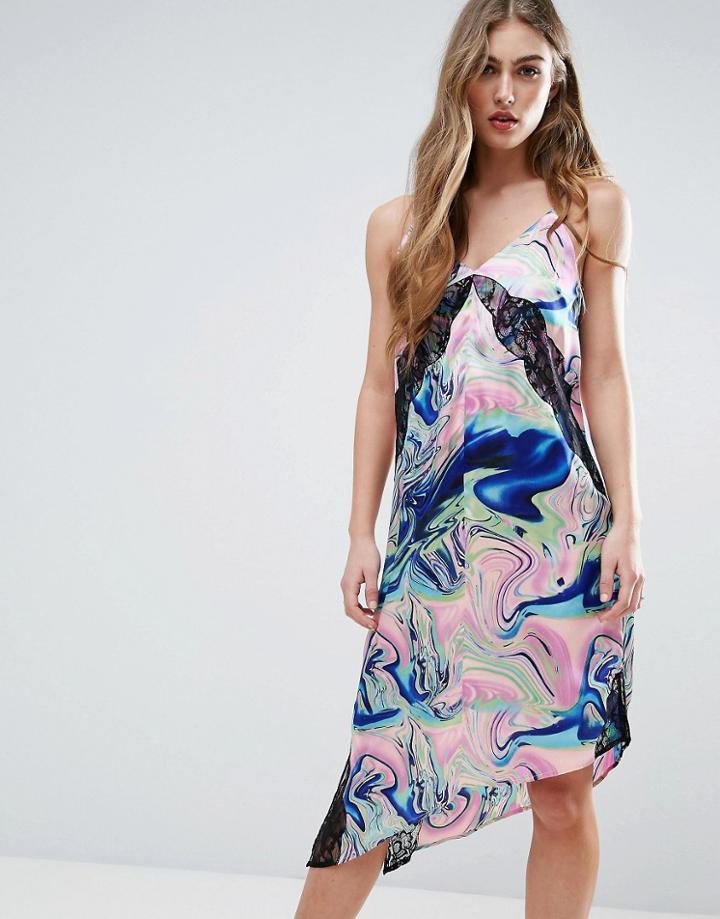Asos Lace Insert Cami Dress With Asymmetric Hem And Tie Dye - Multi