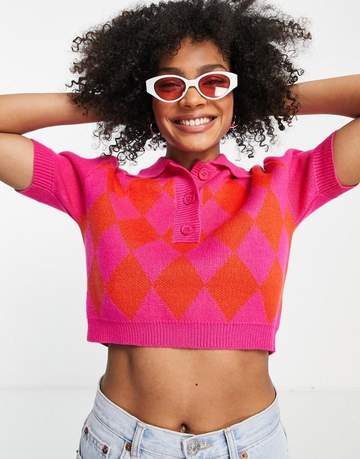 Lola May Cropped Polo Sweater In Diamond-red