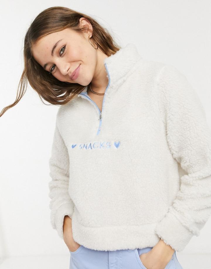 Skinnydip Half Zip Sweatshirt With Love Snacks Embroidery-white