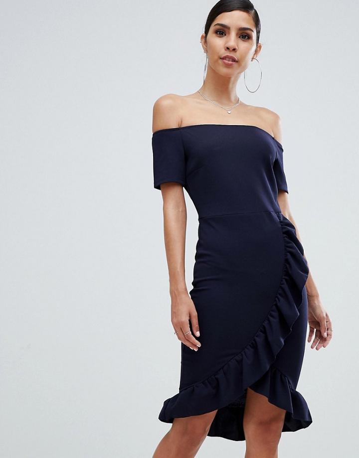 Ax Paris Bardot Dress With Frill Detail - Navy