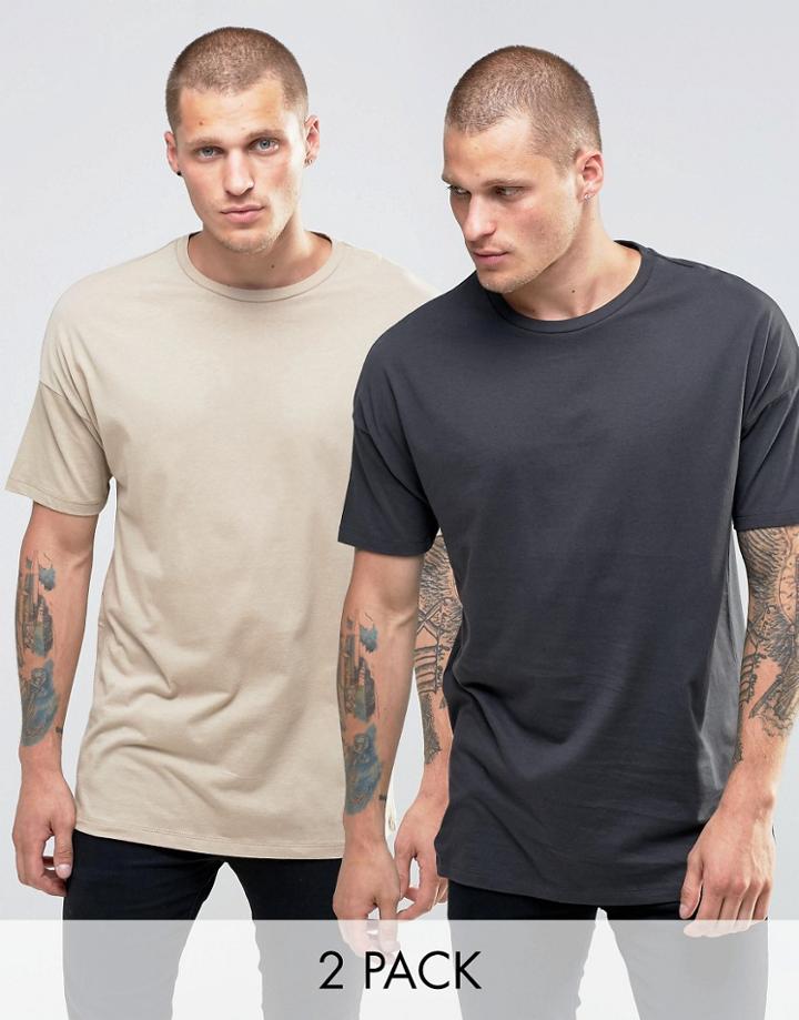 Asos 2 Pack Longline Oversized T-shirt In Cream/green - Multi