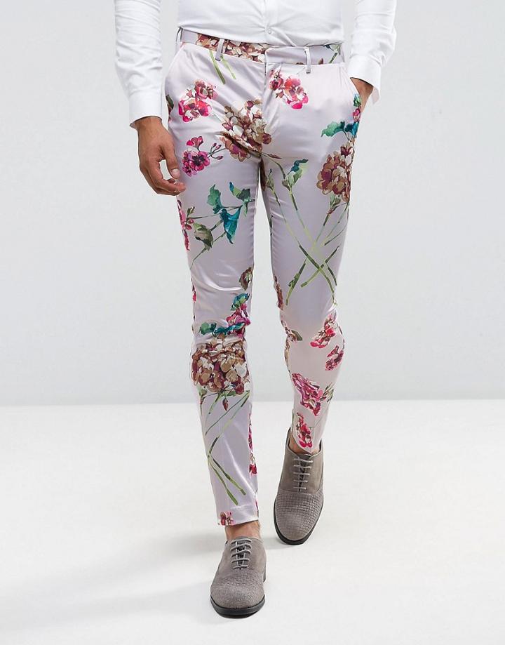 Asos Super Skinny Smart Pants In Pink Floral Print - Pink