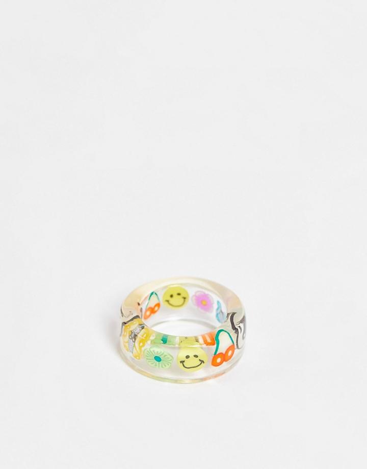 Asos Design Plastic Ring With Trapped Kitsch Charms In Clear