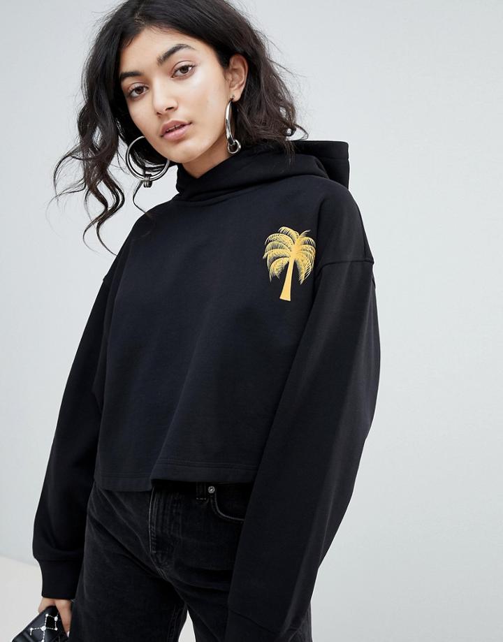 Weekday Paradise Print Crop Hoodie In Black With Print - Black