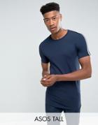 Asos Tall Longline Muscle T-shirt With Curved Hem And Shoulder Taping In Navy - Navy