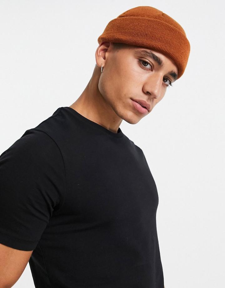 Asos Design Mini Fisherman Beanie In Tobacco-brown
