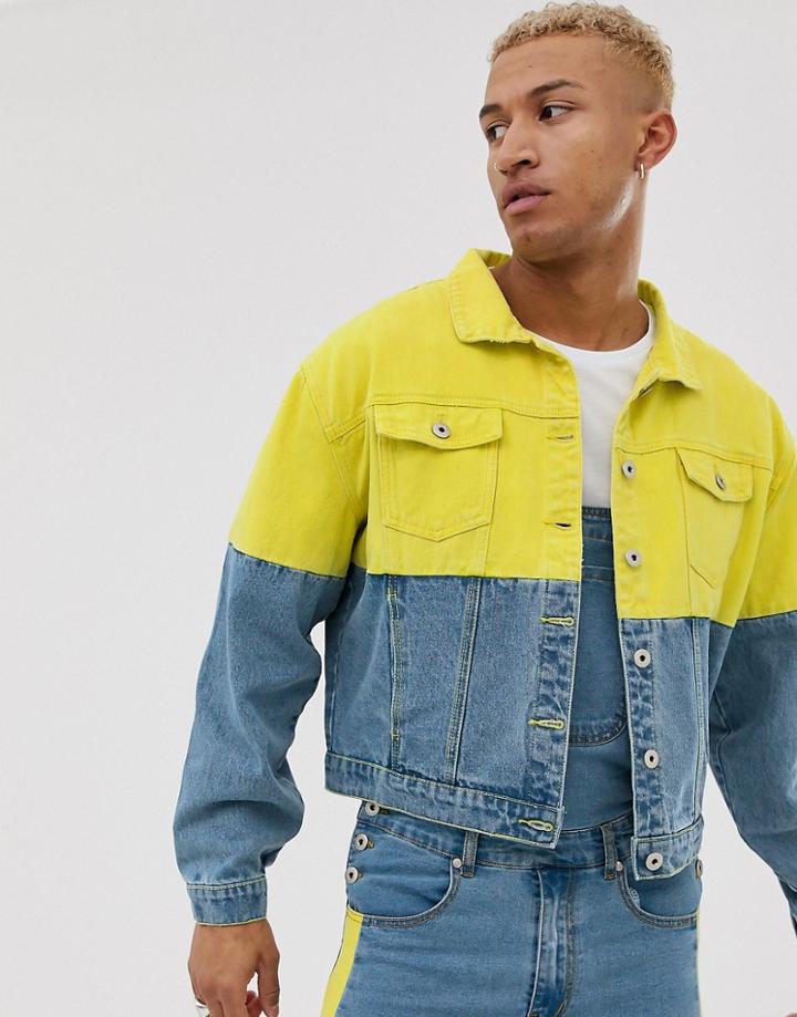 Liquor N Poker Denim Jacket In Stonewash With Neon Green Splice - Blue