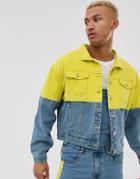 Liquor N Poker Denim Jacket In Stonewash With Neon Green Splice - Blue