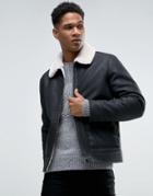 Celio Faux Leather Flight Jacket With Fleece Lining - Black