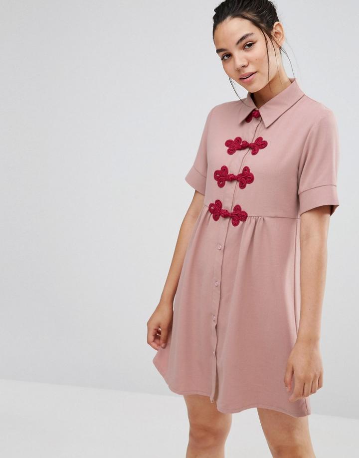 Sister Jane Short Sleeve Shirt Dress With Crochet Fastenings - Pink