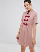 Sister Jane Short Sleeve Shirt Dress With Crochet Fastenings - Pink