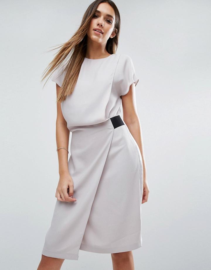 Asos Drape Front Pencil Dress With Elastic Detail - Silver