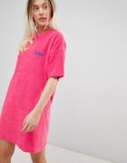Asos Design Slogan Towelling T-shirt Dress - Pink