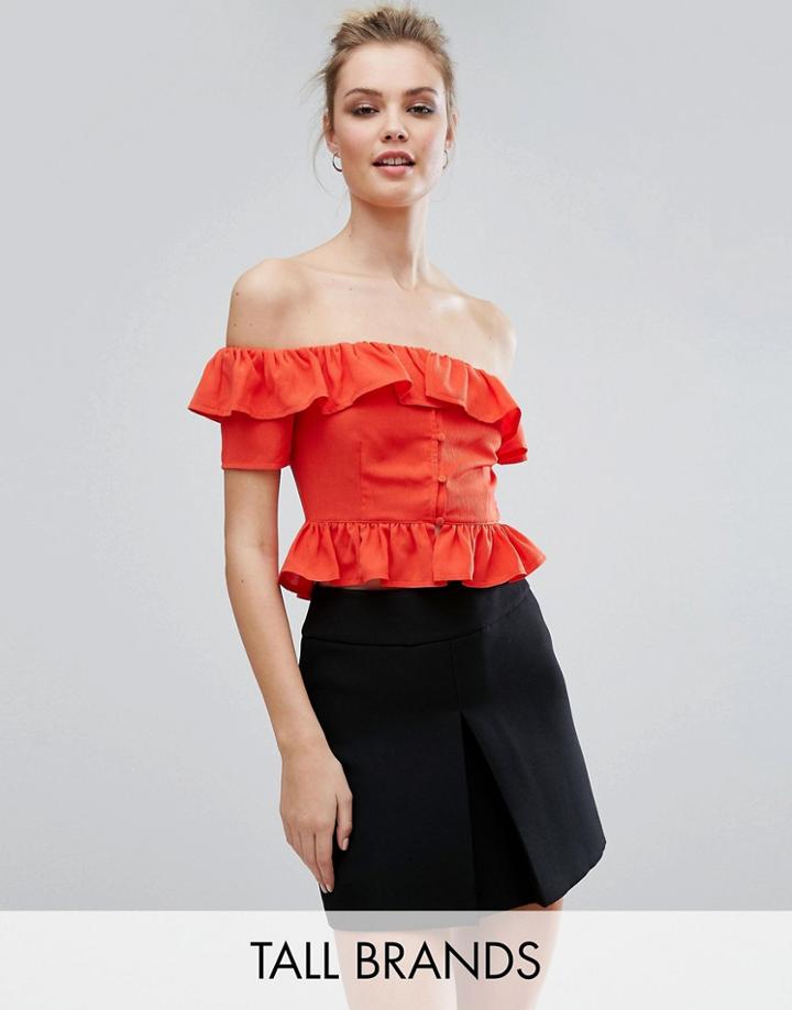 Fashion Union Tall Button Front Bardot Ruffle Top - Red