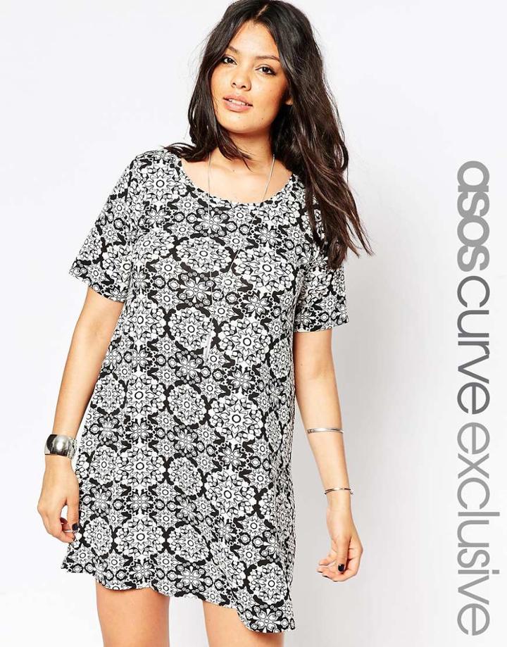 Asos Curve Swing Dress In Mono Tile Print - Multi