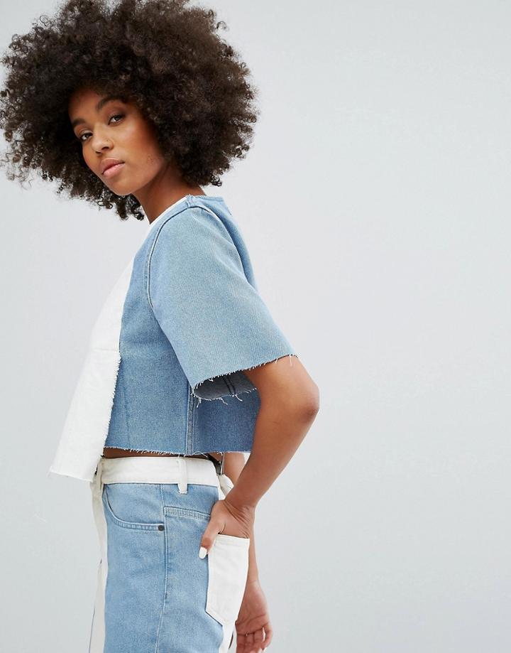 Waven Contrast Panel Denim Crop Top - Blue