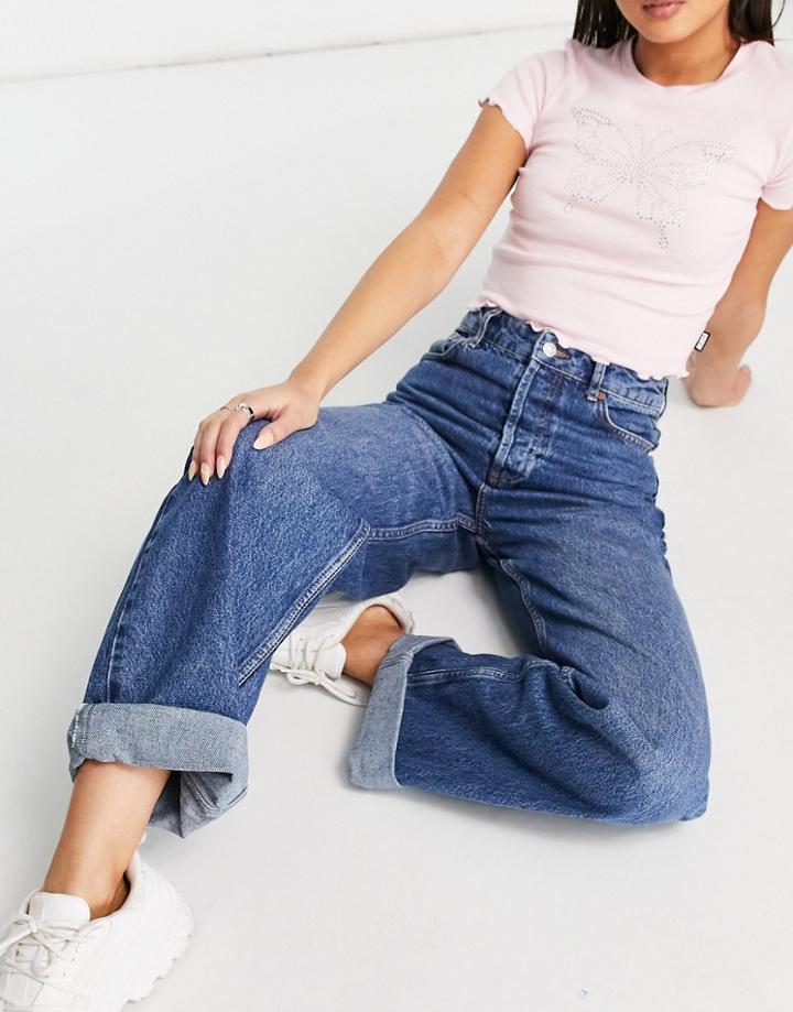 Topshop Recycled Cotton Blend Oversized Mom Jeans In Mid Blue-blues