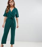 Asos Design Petite Wrap Jumpsuit With Self Belt-green