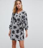 Parisian Petite Check Wrap Dress With Floral Print - Gray