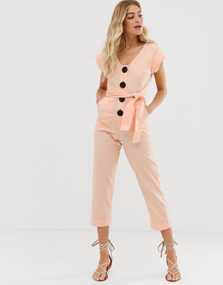 Asos Design Button Front Tie Waist Jumpsuit-orange