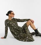Asos Design Tall Long Sleeve Tiered Smock Midi Dress In Khaki Floral-multi