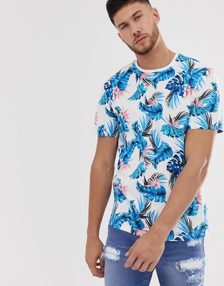 Only & Sons T-shirt In All Over Floral Print In Blue White - White