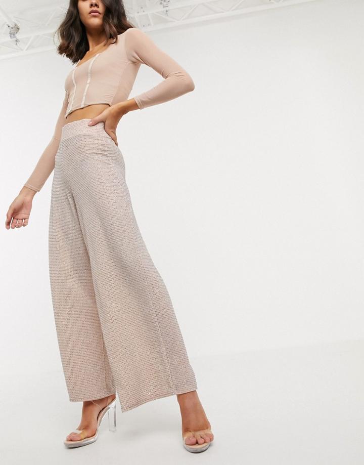 Asos Design Wide Leg Pants With Deep Waistband In Glitter-pink