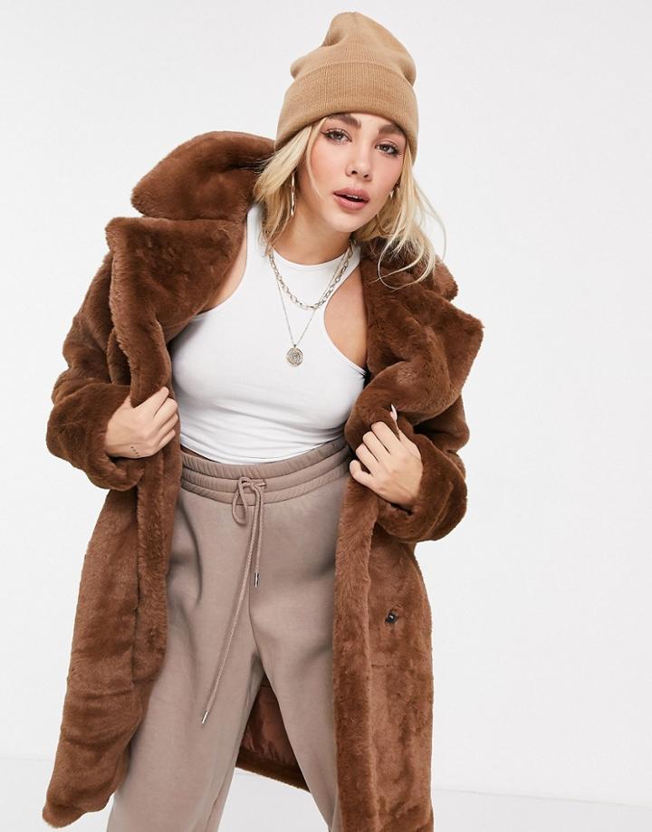 Qed London Tie Waist Faux Fur Coat In Tan-brown