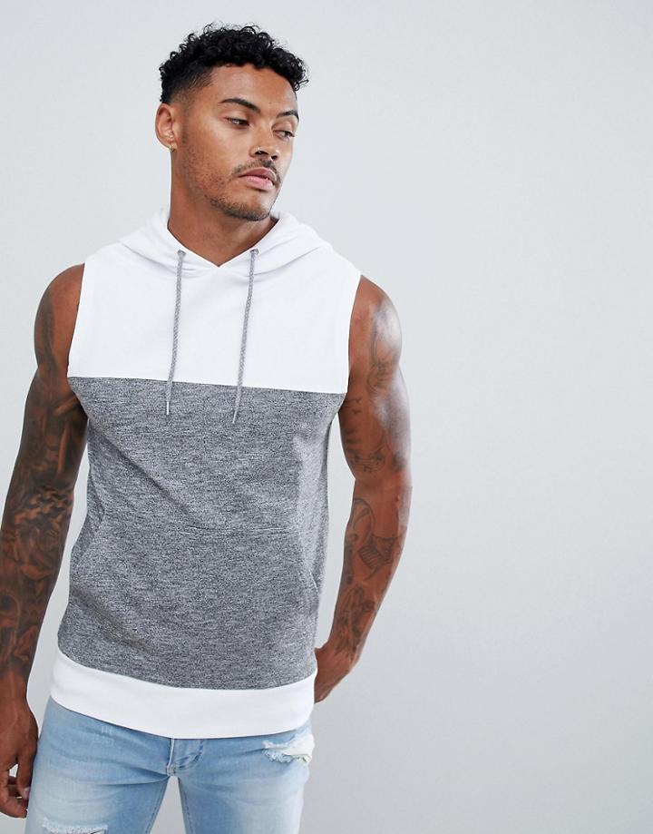 Asos Design Muscle Sleeveless Hoodie With Interest Fabric Color Block - White