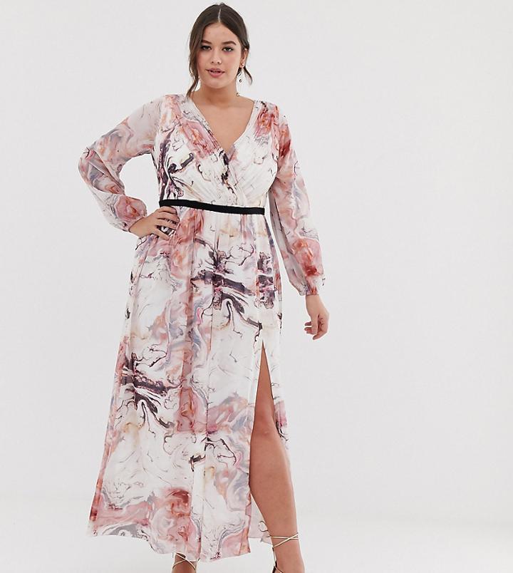 Little Mistress Plus Plunge Front Long Sleeve Maxi Dress In Floral Print-multi