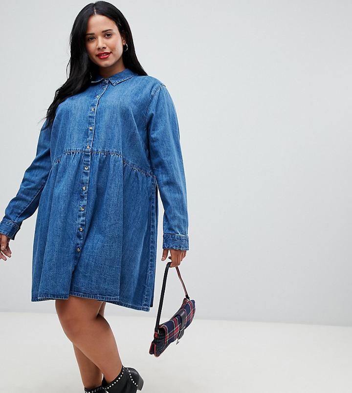 Asos Design Curve Denim Smock Shirt Dress In Midwash Blue - Blue