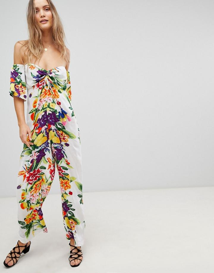 Asos Design Bright Fruity Beach Jumpsuit With Long Sleeve - Multi