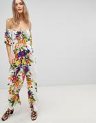 Asos Design Bright Fruity Beach Jumpsuit With Long Sleeve - Multi