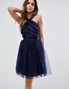 Little Mistress Ribbon And Lace Prom Dress - Navy