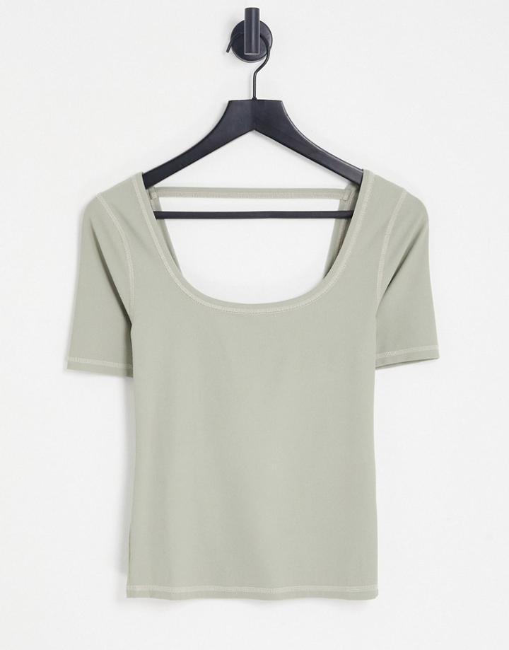 Topshop Premium Basic Contrast Scoop Neck Tee In Sage-green