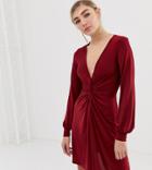 Miss Selfridge Twist Front Dress In Burgundy-red