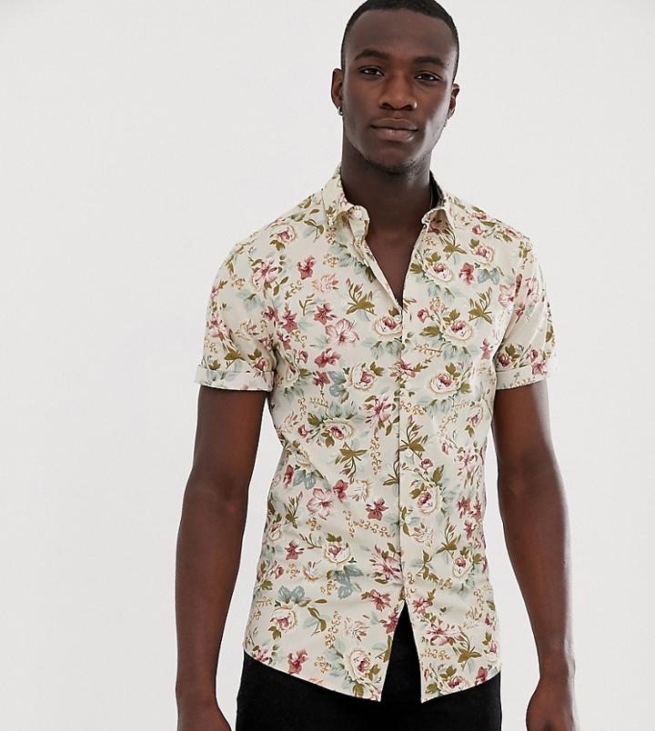 Asos Design Tall Skinny Fit Floral Shirt In Ecru