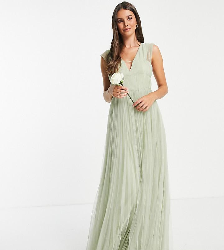 Asos Design Talltulle Plunge Maxi Dress With Shirred Sleeves In Sage-green
