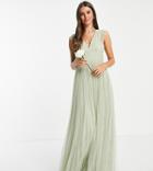 Asos Design Talltulle Plunge Maxi Dress With Shirred Sleeves In Sage-green