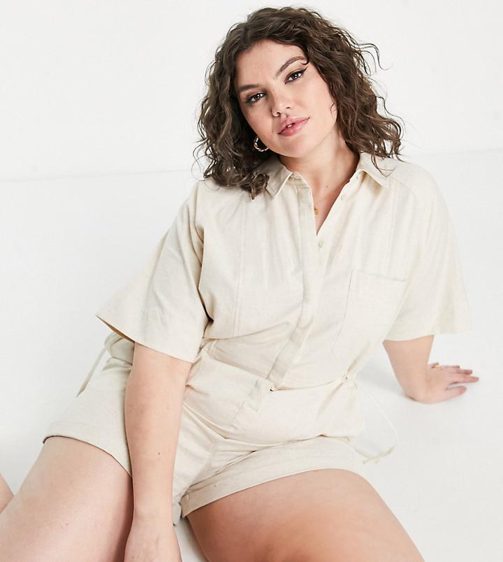 Asos Design Curve Short Sleeve Tie Waist Romper In Stone-neutral