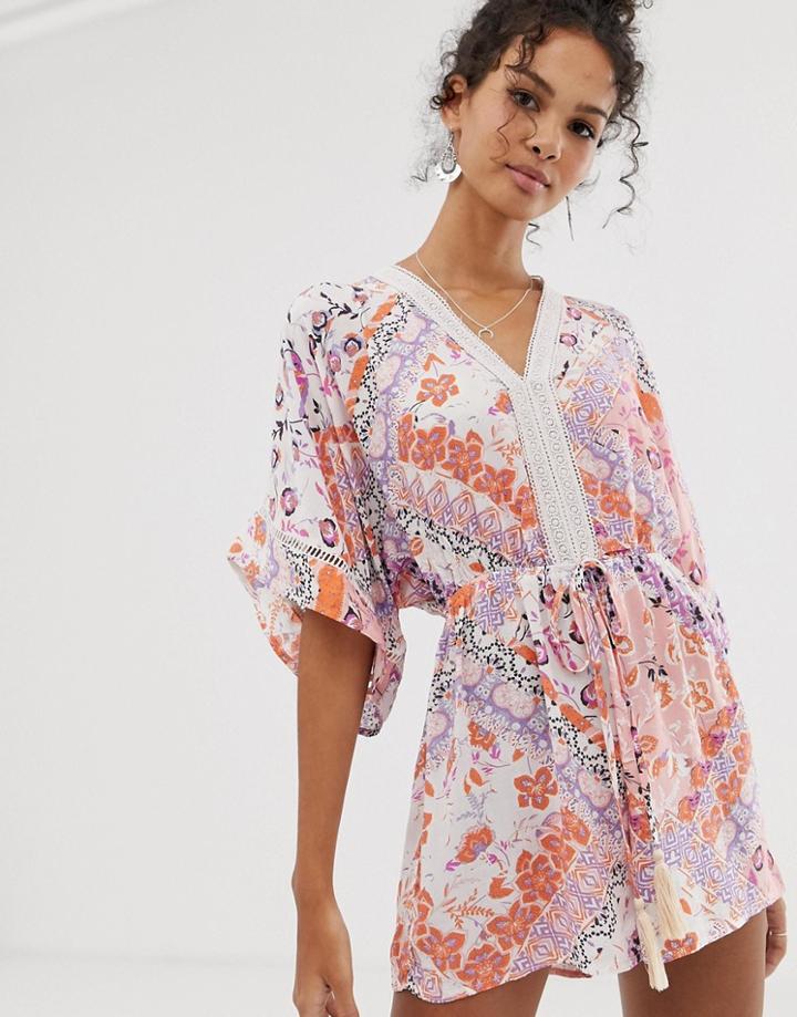 En Cr Me Scarf Print Romper With Kimono Sleeves - Multi