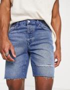 Topman Rip Straight Short In Mid Wash-blue