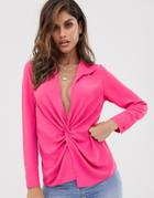 Asos Design Long Sleeve Plunge Shirt With Knot Front - Pink