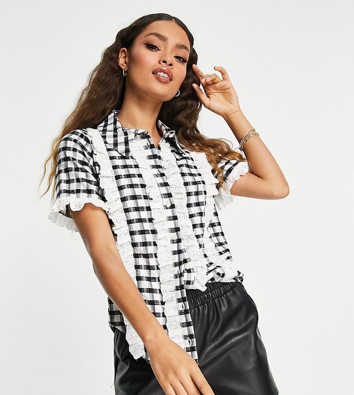 River Island Petite Gingham Frill Short Sleeve Shirt In Black