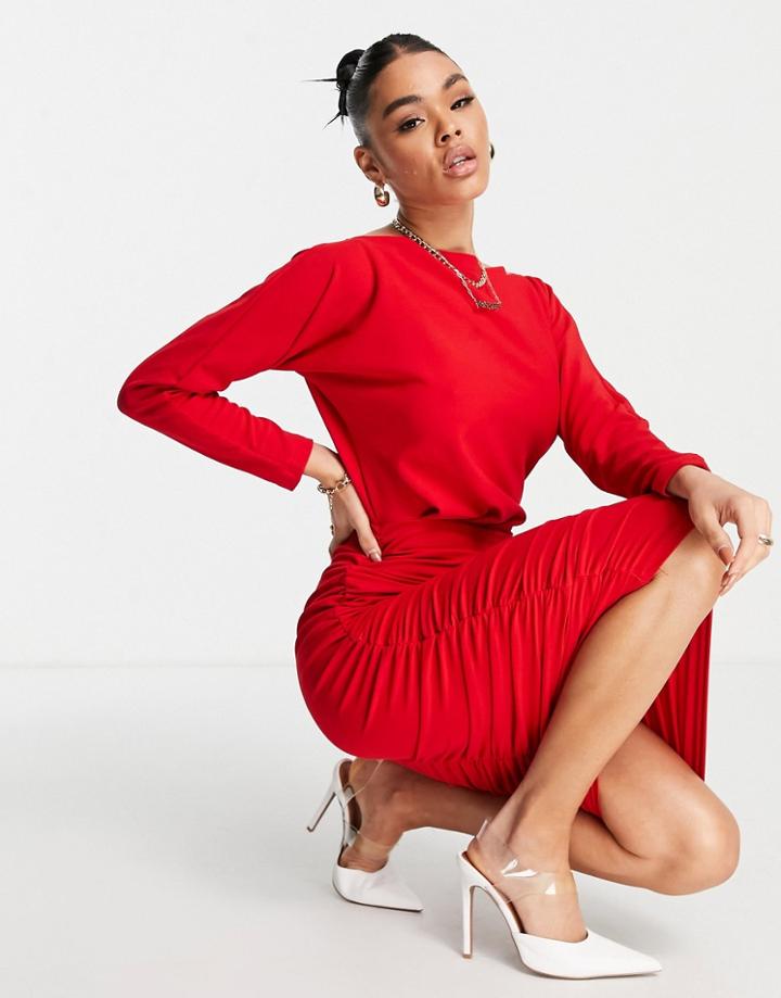 Ax Paris Slash Neck Ruched Midi Body-conscious Dress In Red