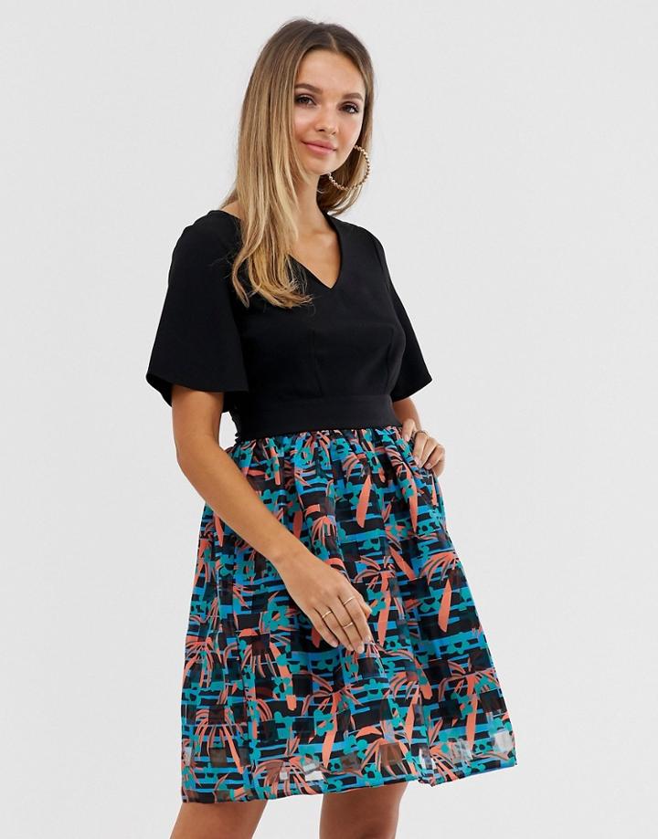 Closet V Neck Sheer Skirt Dress-black